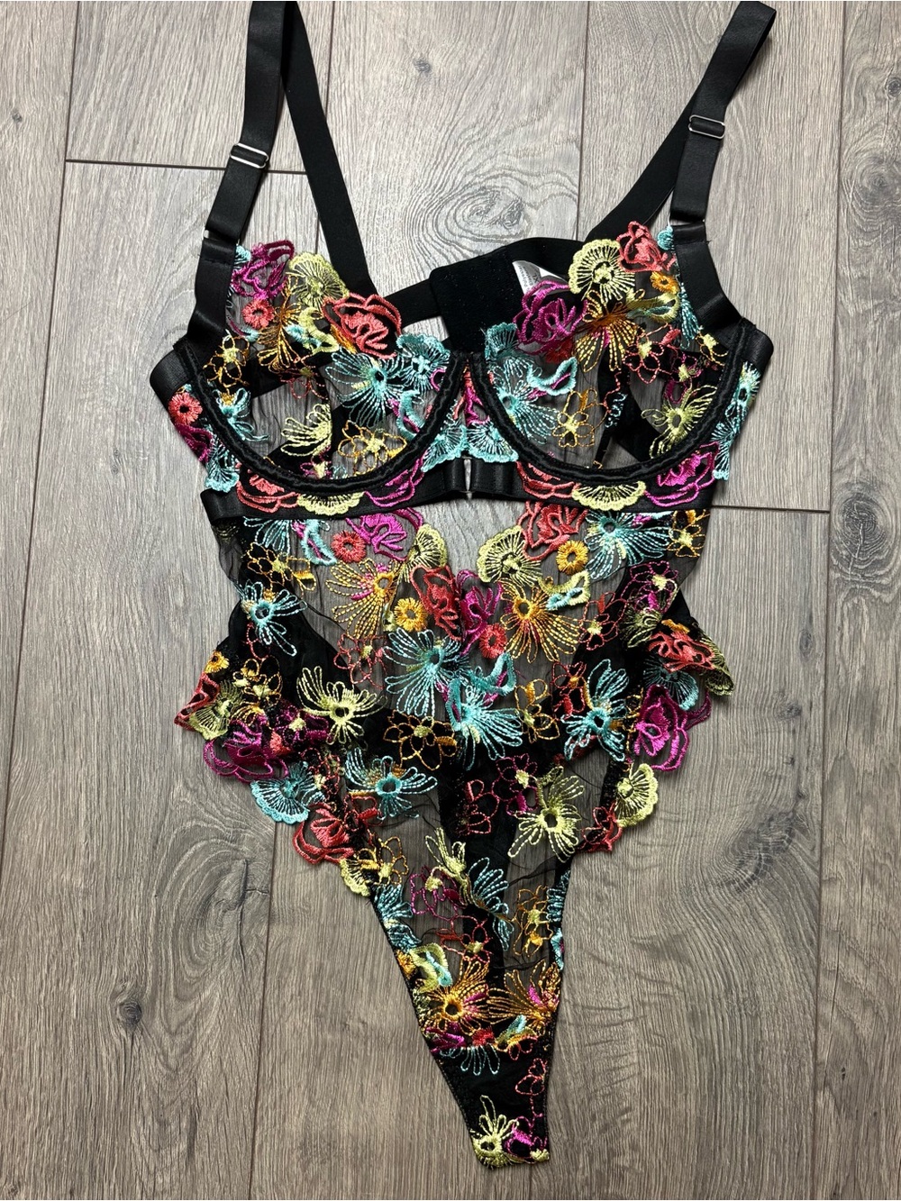 Black sheer floral bodysuit sexy lingerie xl